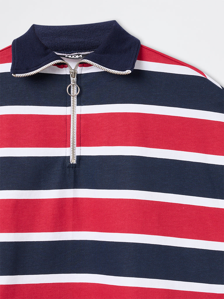 Nuon Red Striped Cotton-Blend Quarter-Zip T-Shirt