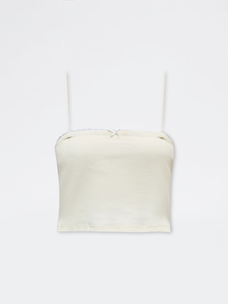 Nuon Yellow Ribbed Lace Cotton-Blend Top