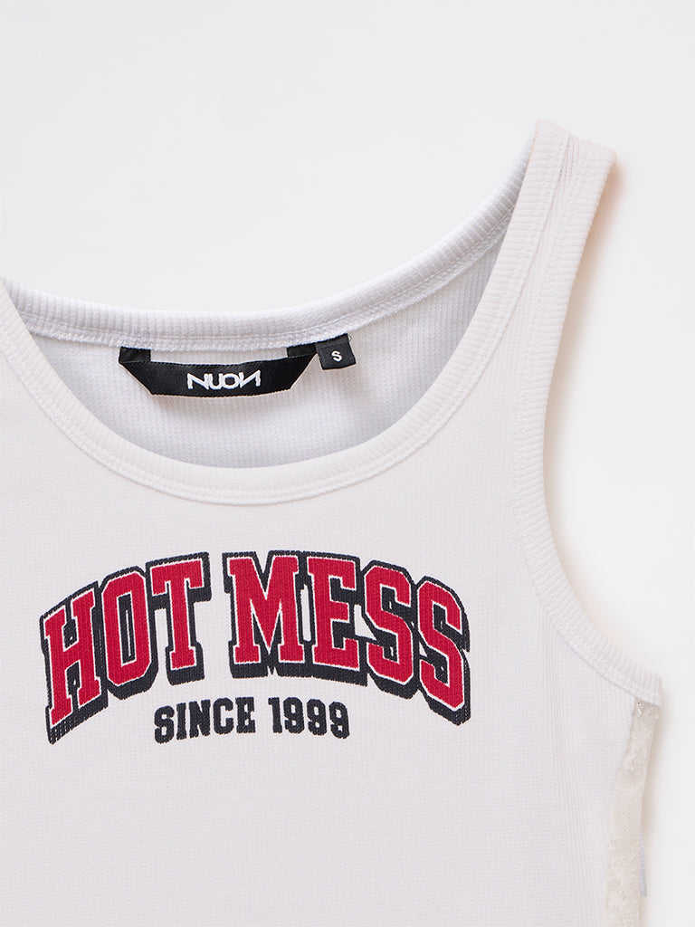 Nuon White Ribbed Graphic Cotton-Blend Tank Top