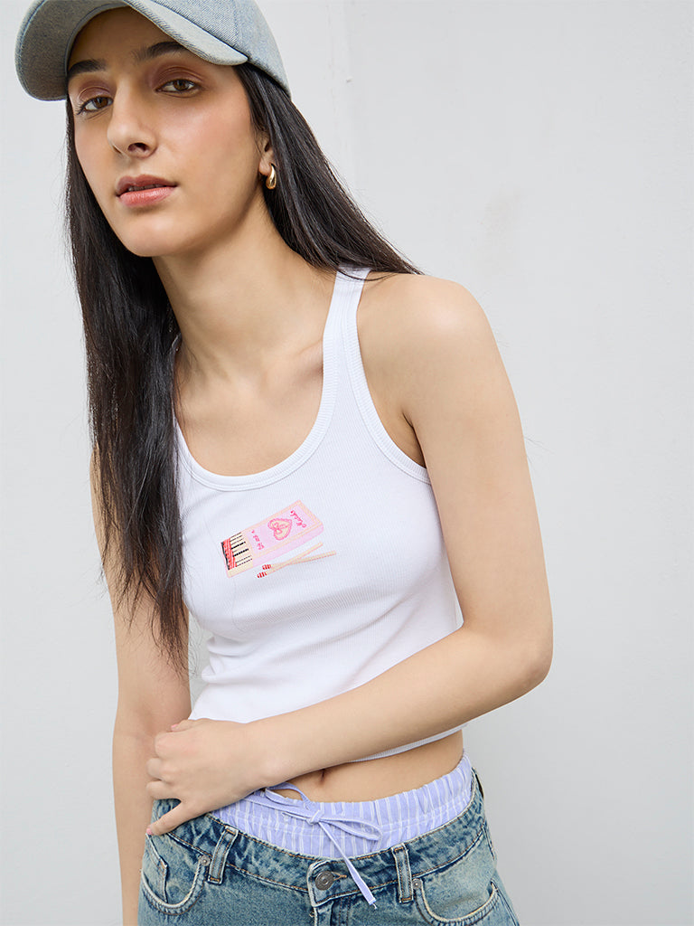 Buy Nuon White Printed Cotton-Blend Tank Top from Westside