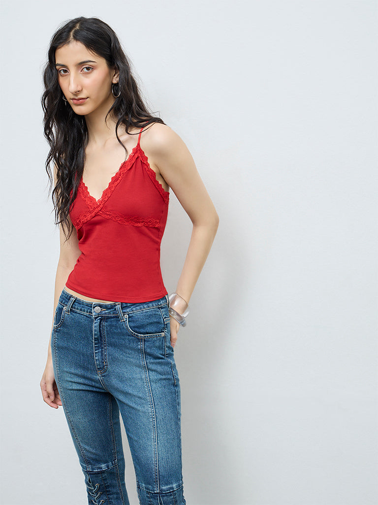 Buy Nuon Red Lace Cotton-Blend Top from Westside