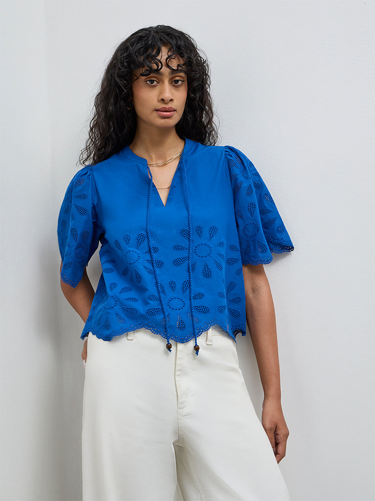Buy LOV Blue Schiffli Embroidered Cotton Top from Westside