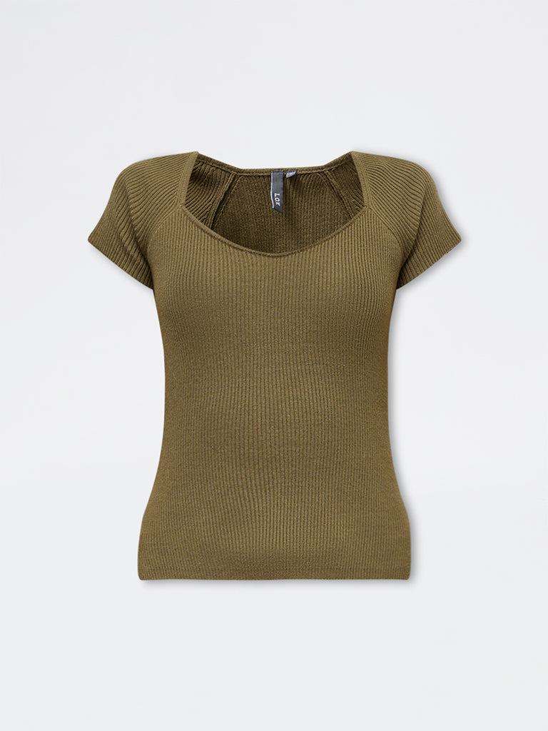 LOV Olive Ribbed-Textured Top