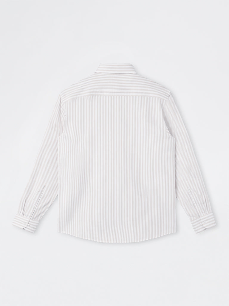 WES Formals Beige Striped Slim-Fit Cotton Shirt