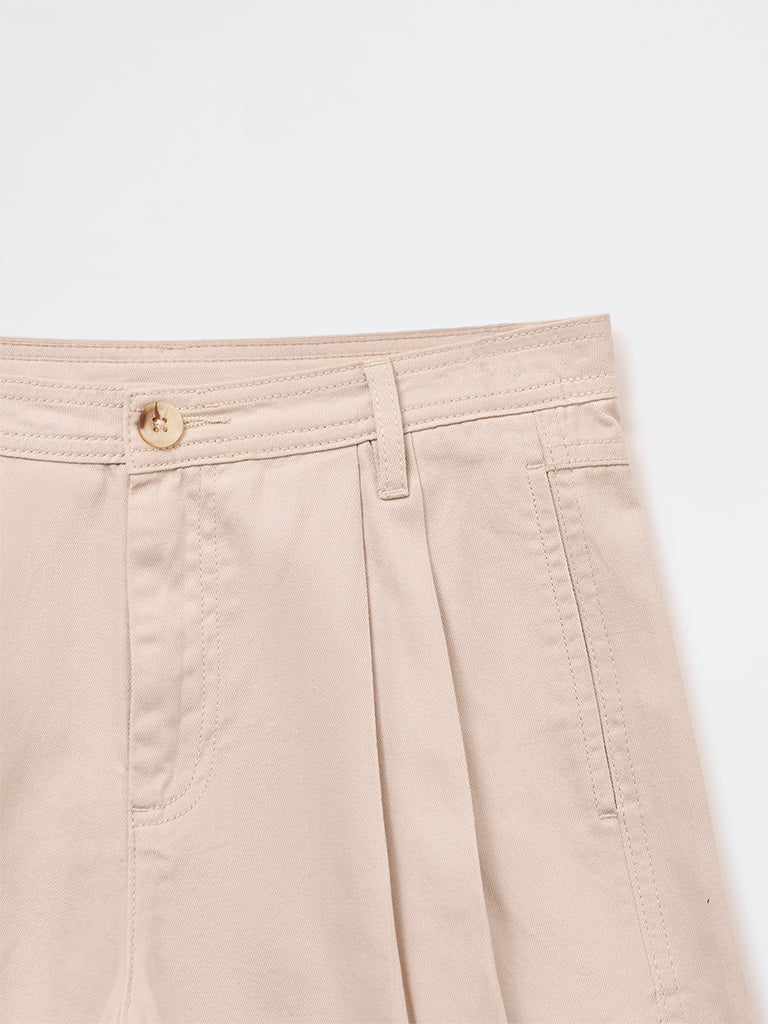 Girls Beige High Rise Cotton Shorts