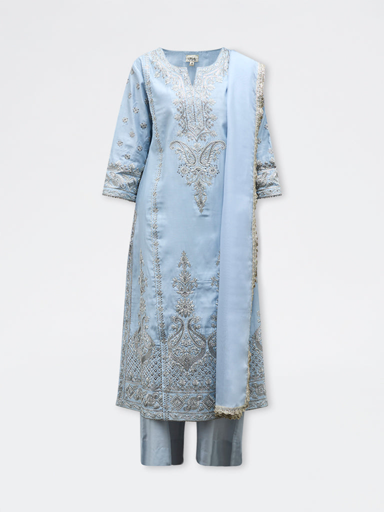 Vark Light Blue Embellished A-Line Ethnic Set