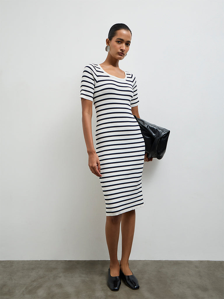 grey and white striped bodycon dress H&M Gray White Striped Stretch Short Sleeve V-Neck Bodycon Dress Size S