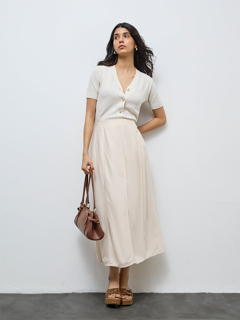 Buy LOV Off-White Solid Linen-Blend Fit-and-Flare Skirt from Westside