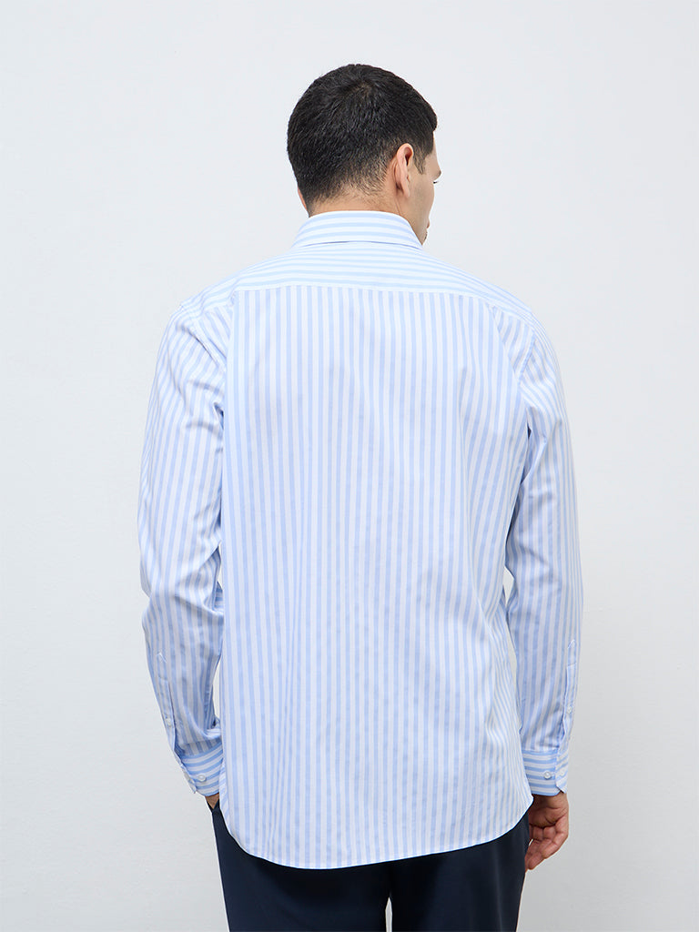 WES Formals Blue Striped Slim-Fit Cotton Shirt