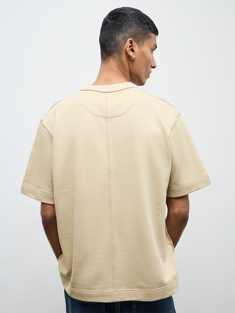 Nuon Light Beige Text Design Relaxed Fit Cotton T-Shirt