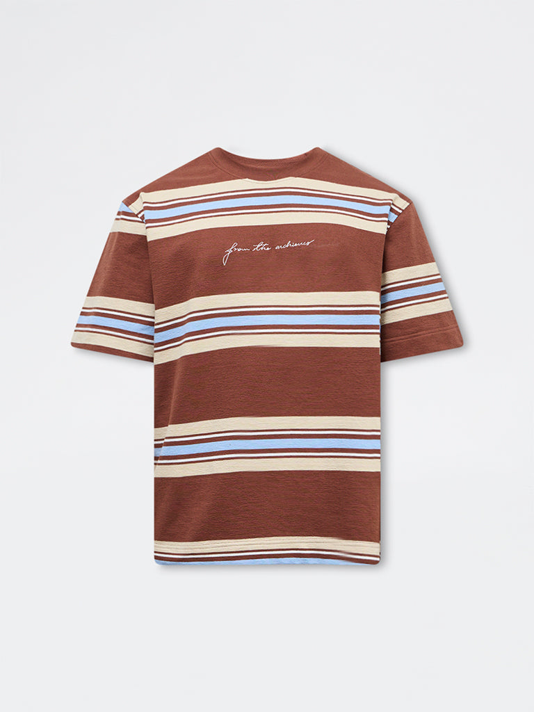 Nuon Brown Striped Relaxed-Fit Cotton T-Shirt