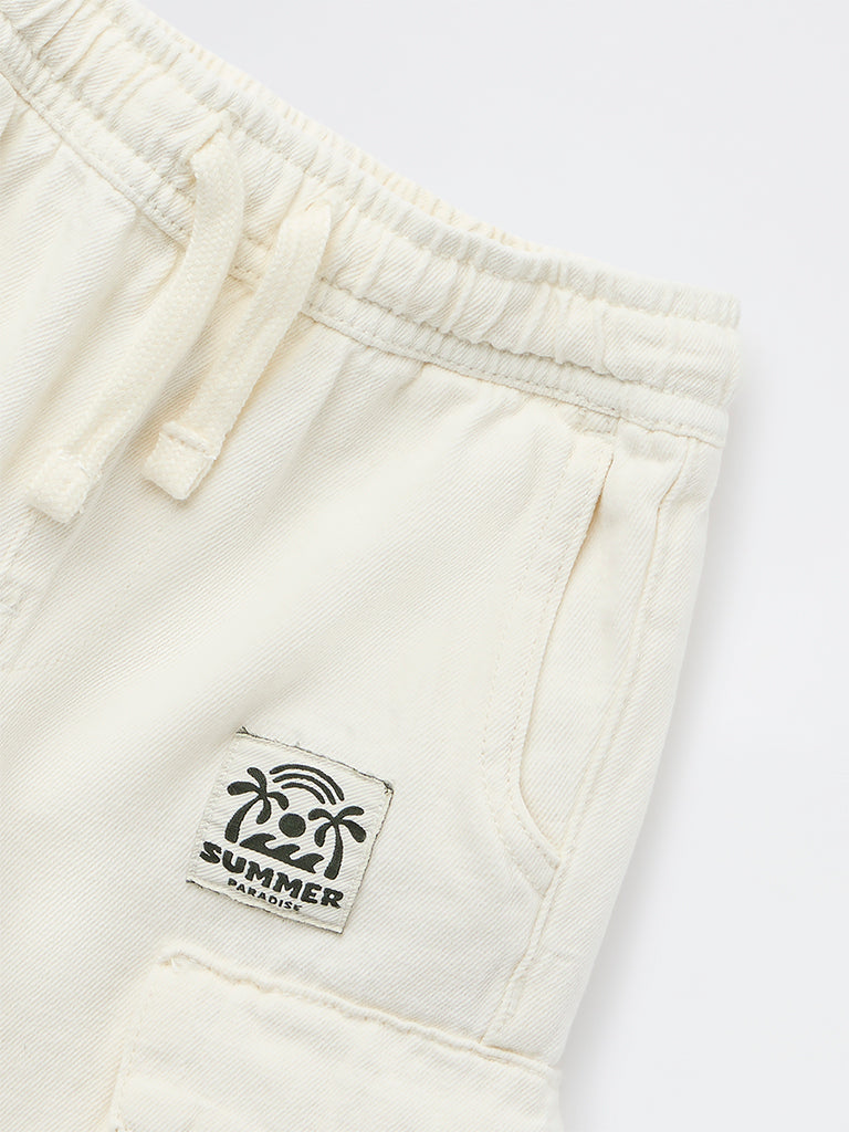 HOP Kids Boys Off-White Mid-Rise Cotton Cargo Shorts