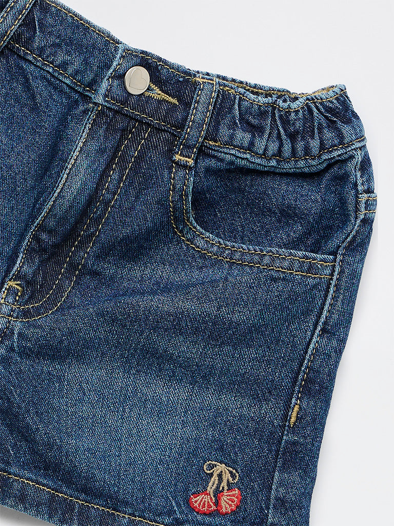 HOP Kids Girls Dark Blue Embroidered High-Rise Denim Shorts