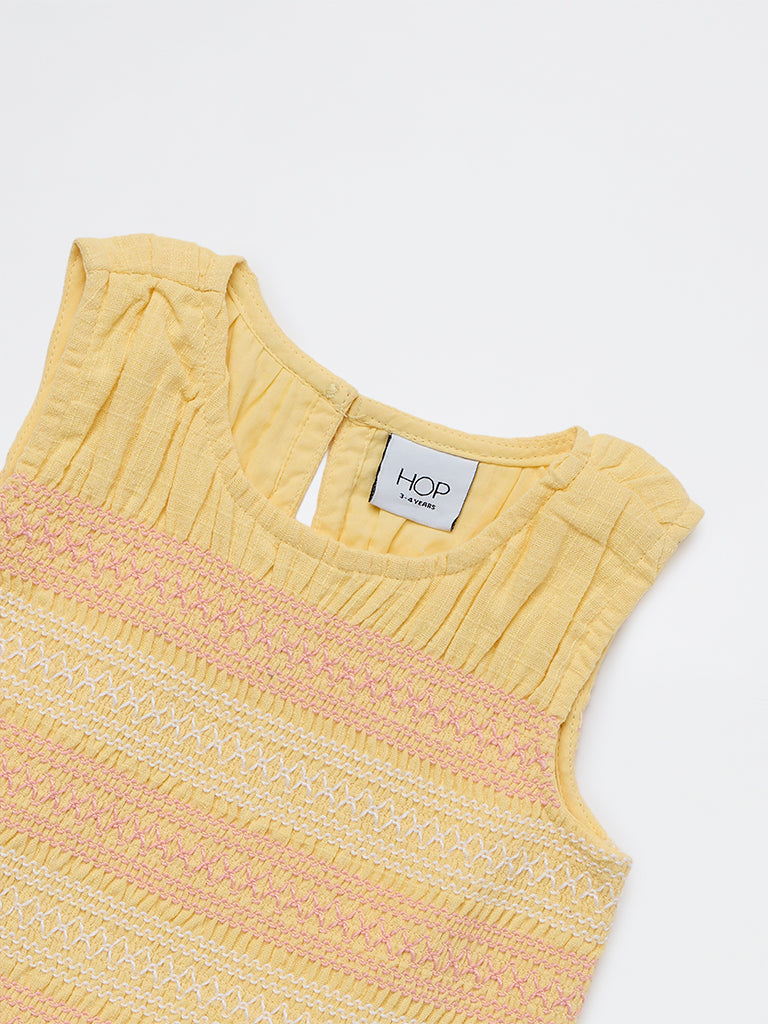 HOP Kids Girls Yellow Embroidered Cotton Top