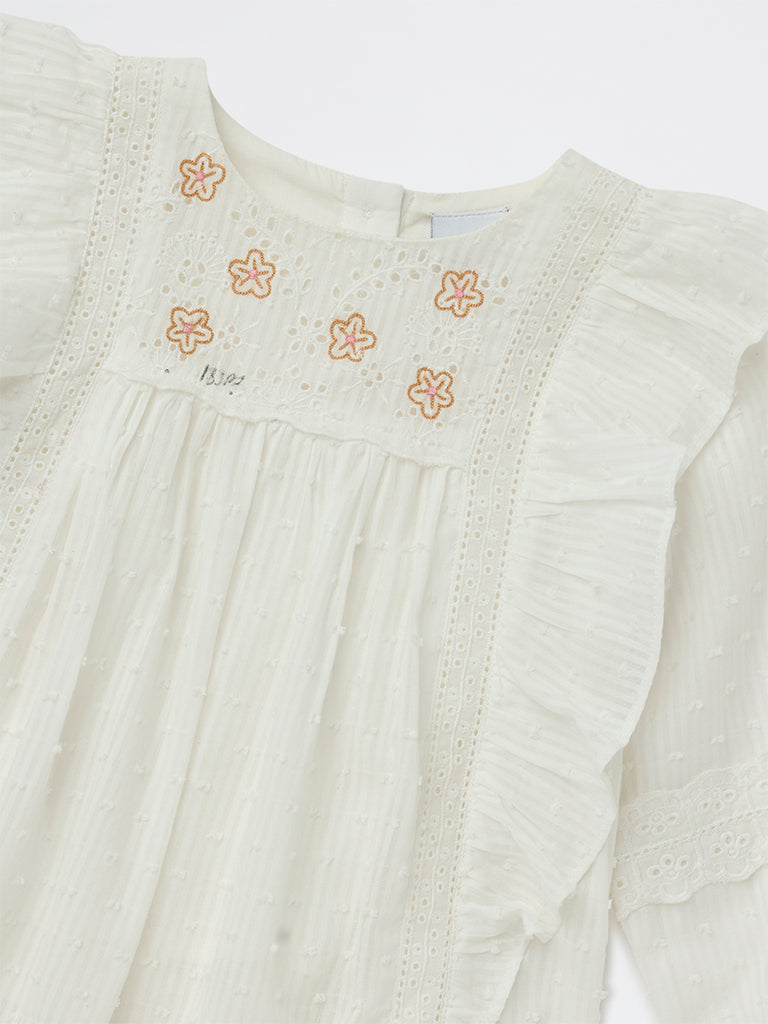 HOP Kids Girls White Floral Embroidered Cotton Top