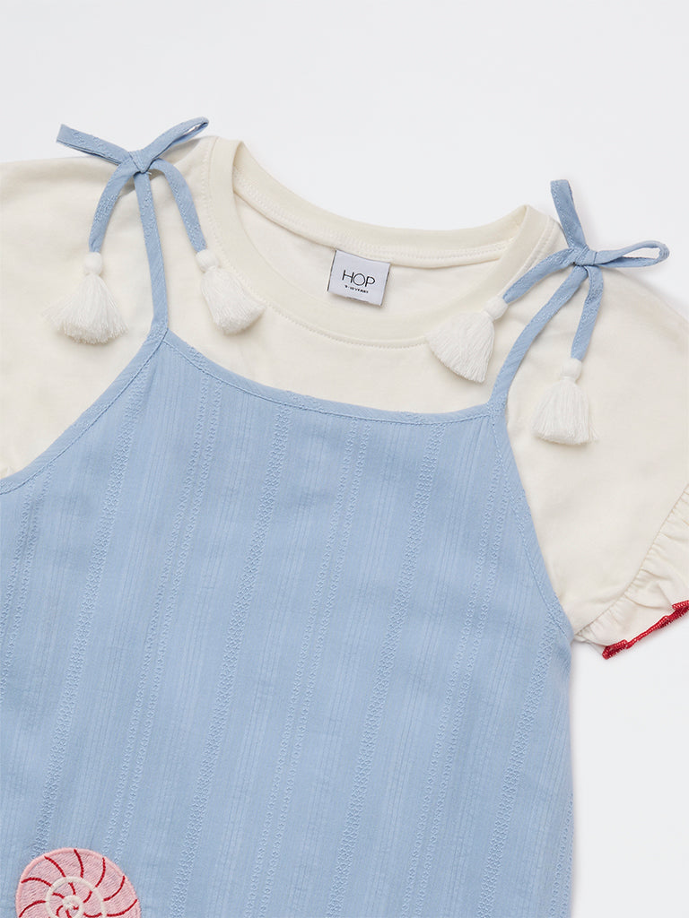 HOP Kids Girls Blue Embroidered Cotton Dress and T-Shirt Set