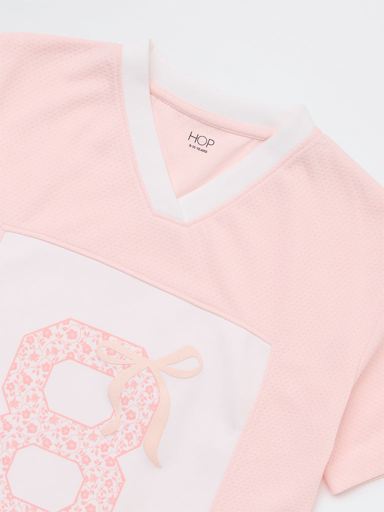 HOP Kids Girls Pink Textured Printed T-Shirt
