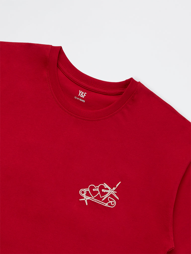 Girls Red Typographic Cotton T-Shirt
