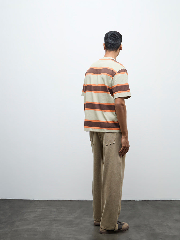 Nuon Beige Striped Relaxed-Fit Cotton T-Shirt