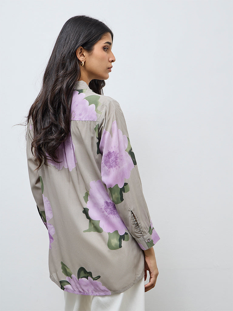 Utsa Grey Floral Pattern Cotton Tunic