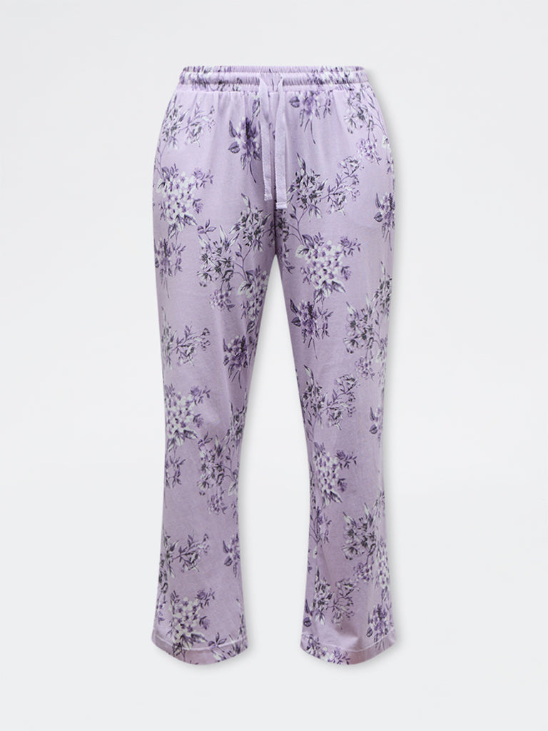 Wunderlove Purple Floral Design High-Rise Cotton Pants