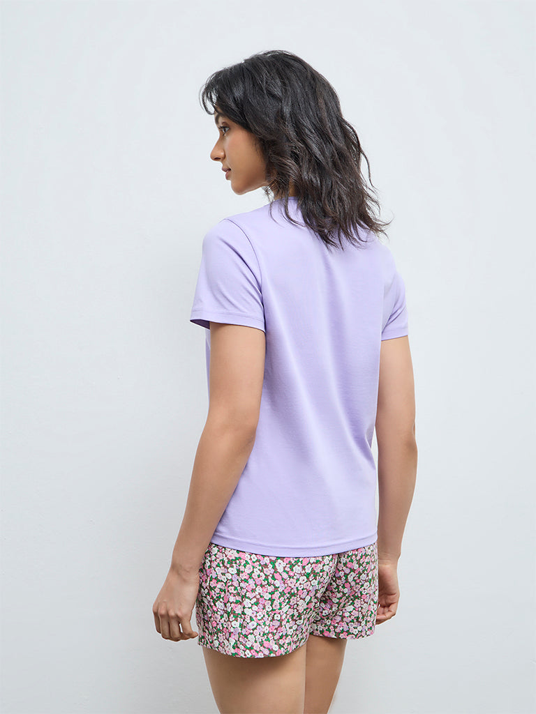 Wunderlove Lavender Text Printed Cotton T-Shirt