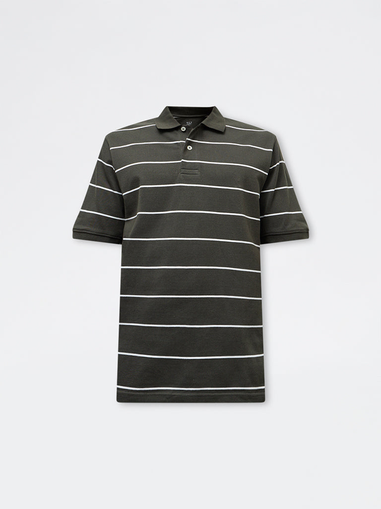 WES Casuals Dark Olive Striped Relaxed-Fit Cotton Polo T-Shirt