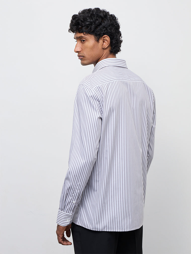 WES Formals Grey Striped Slim-Fit Cotton Shirt