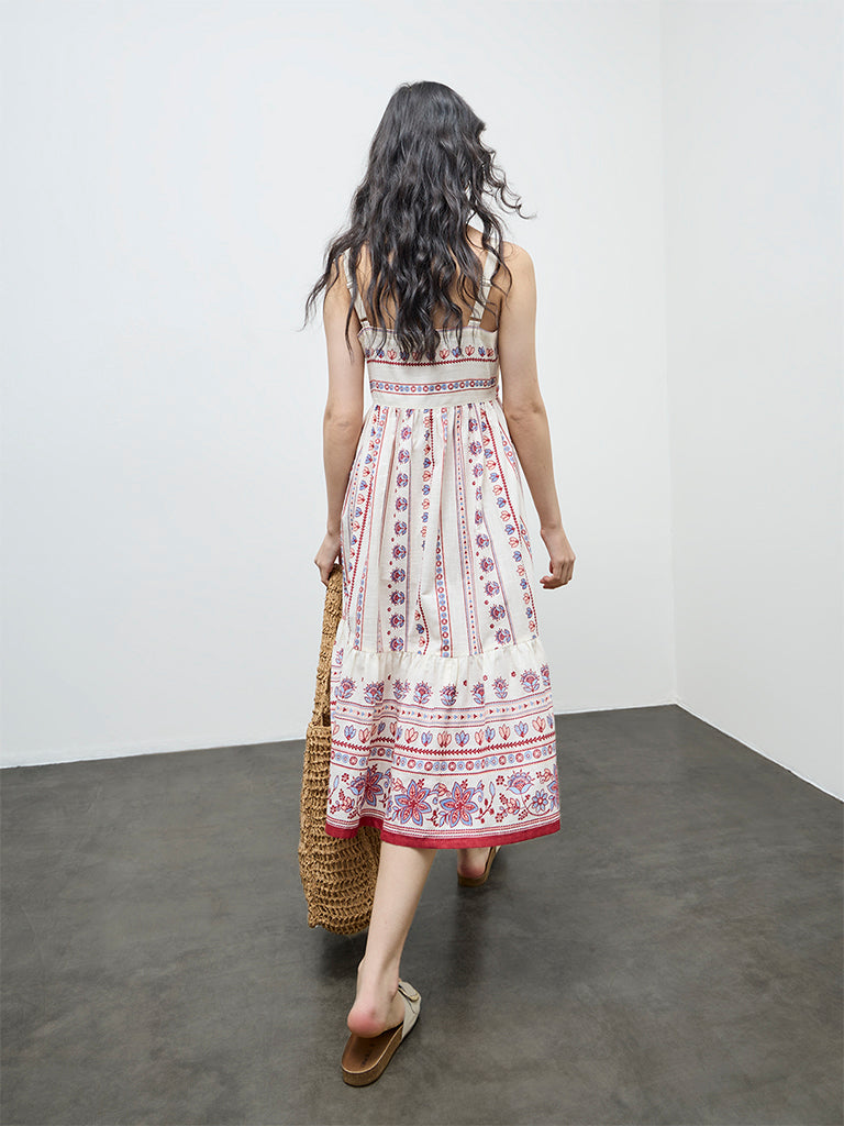 Bombay Paisley Off-White Embroidered Cotton A-Line Dress