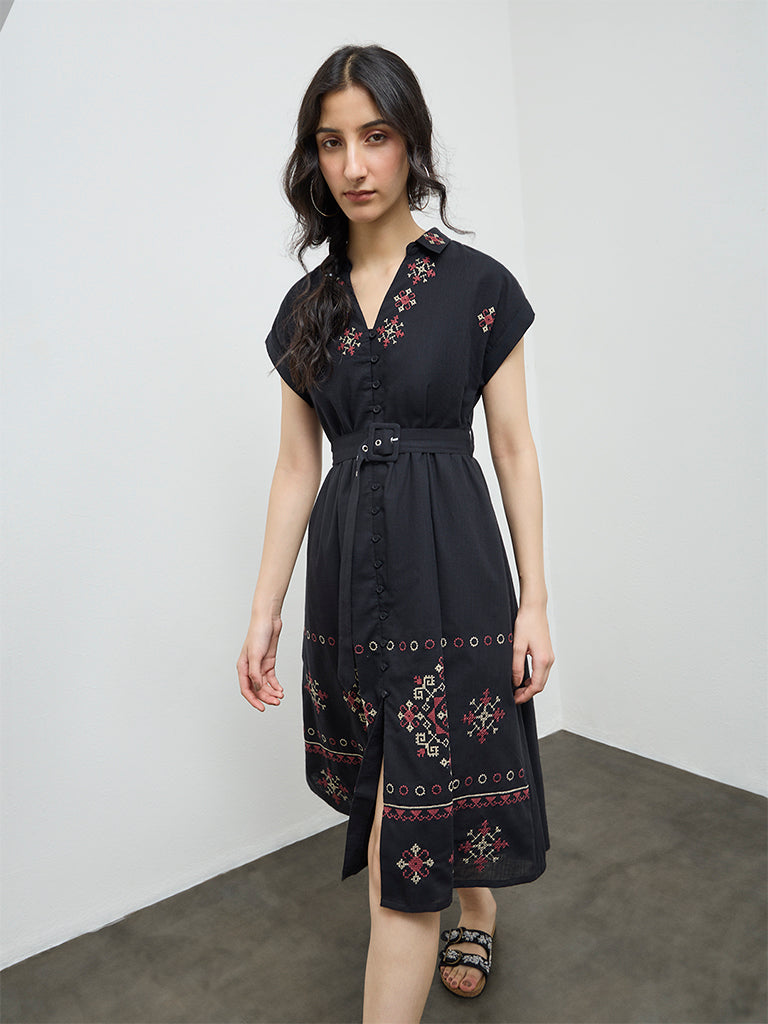 black embroidered dress Buy Bombay Paisley Black Embroidered Cotton A-Line Dress with Belt from  Westside
