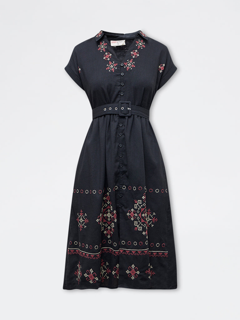 Bombay Paisley Black Embroidered Cotton A-Line Dress with Belt