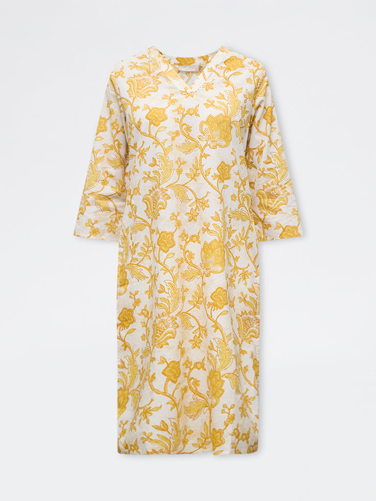 Utsa Yellow Floral Printed Cotton Straight Kurta