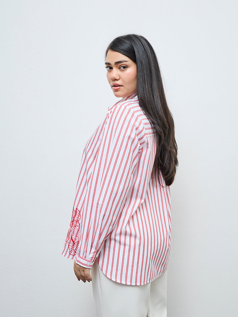 Gia Red Striped Printed Cotton Shirt