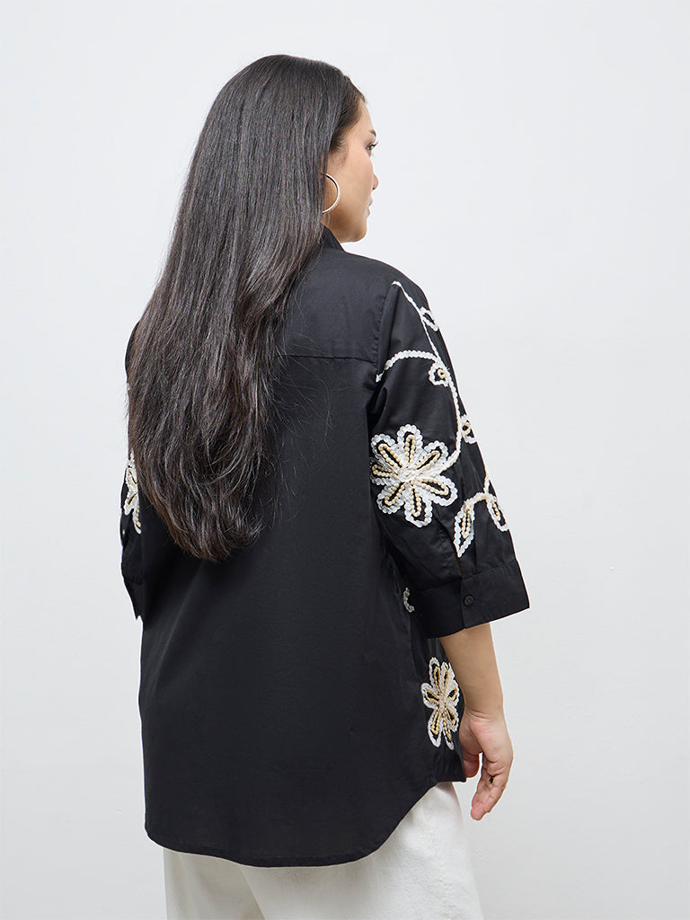 Gia Black Floral Embroidered Cotton Shirt