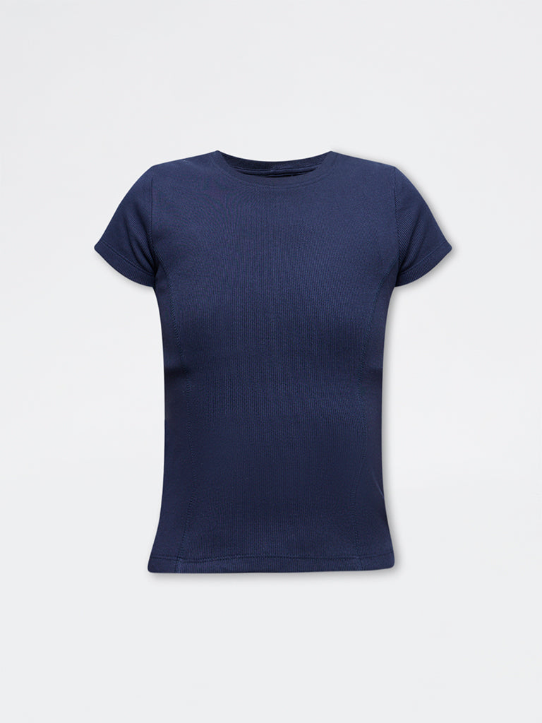 Nuoflexx Navy Ribbed-Textured Cotton-Blend T-Shirt