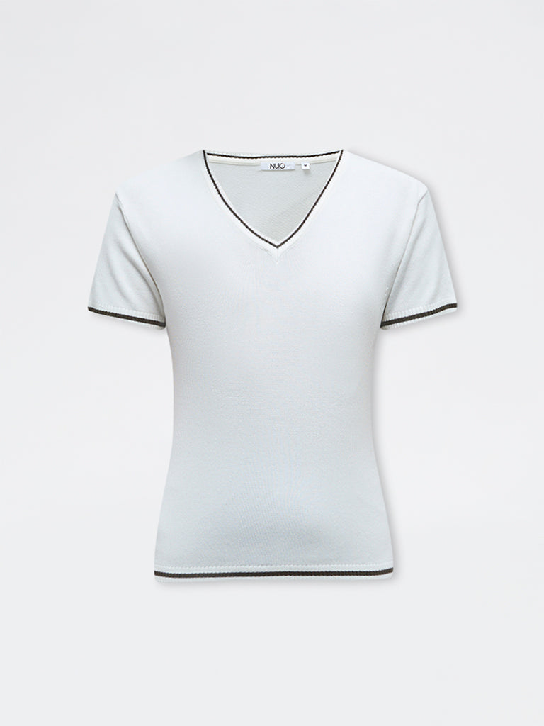 Nuoflexx Off-White Contrast-Detail Cotton Top