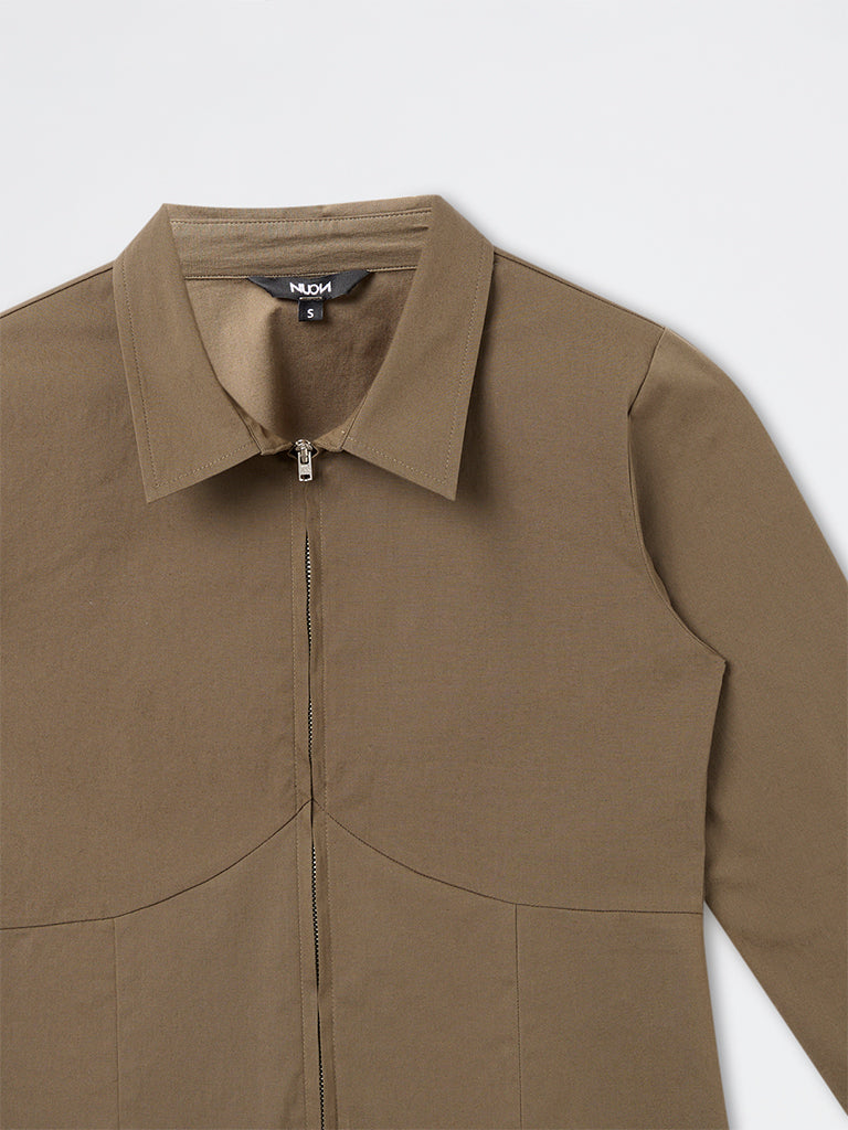 Nuon Olive Zip-Front Shirt