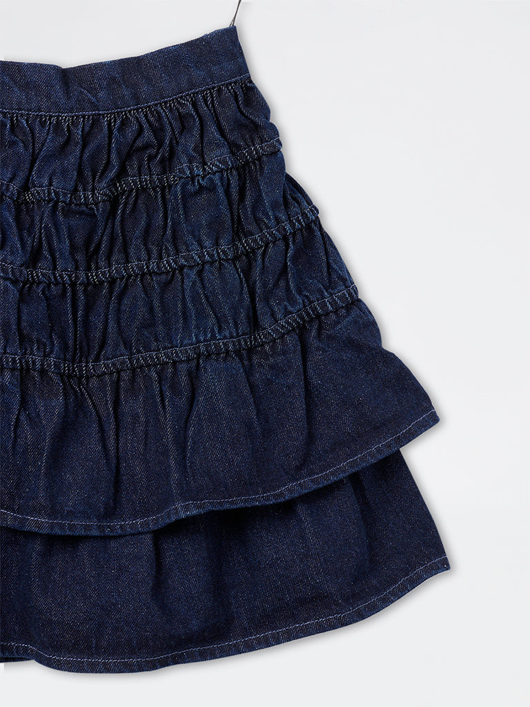 Nuon Dark Blue Smocked Denim Skirt