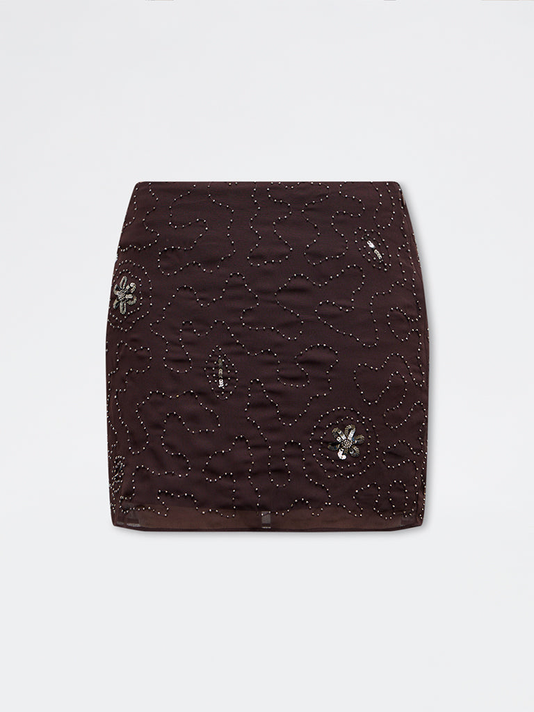 Nuon Brown Embellished High-Rise Skirt