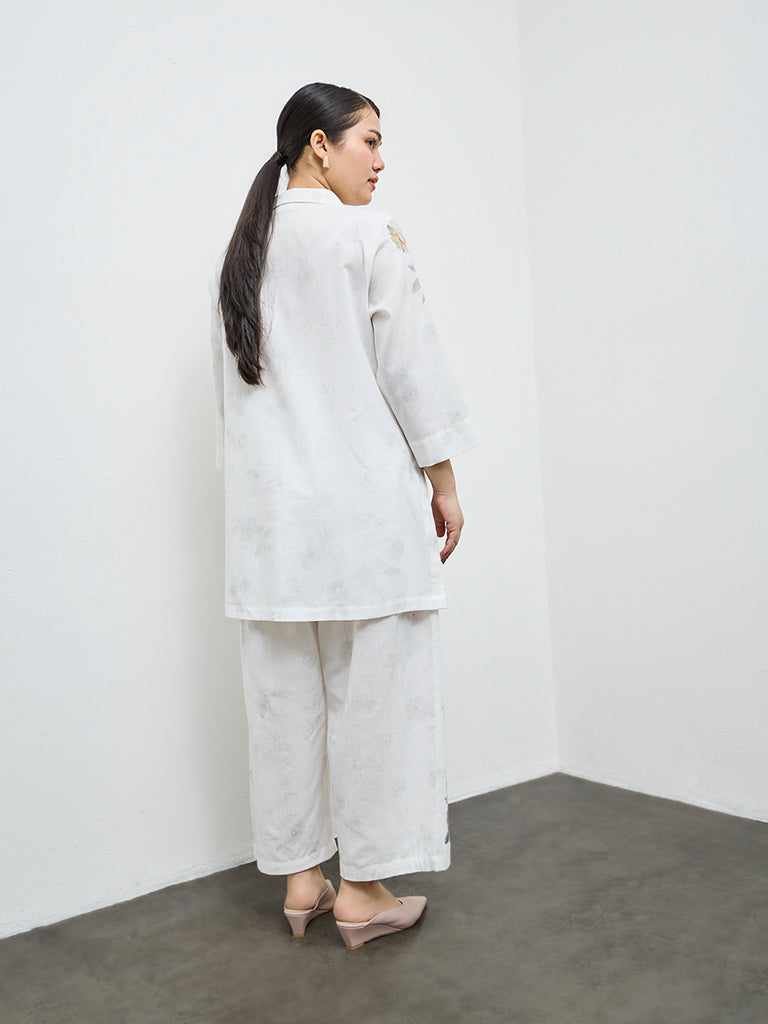 Diza White Floral Pattern High-Low Cotton-Blend Tunic