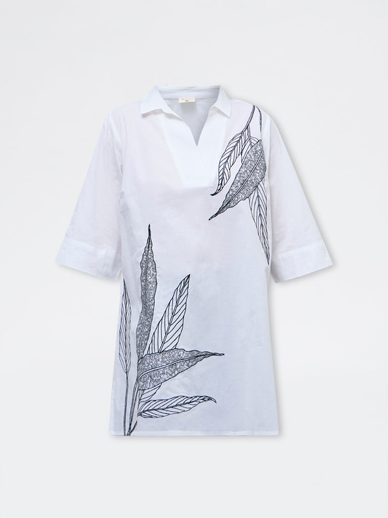 Diza White Leaf Embroidered Cotton Tunic