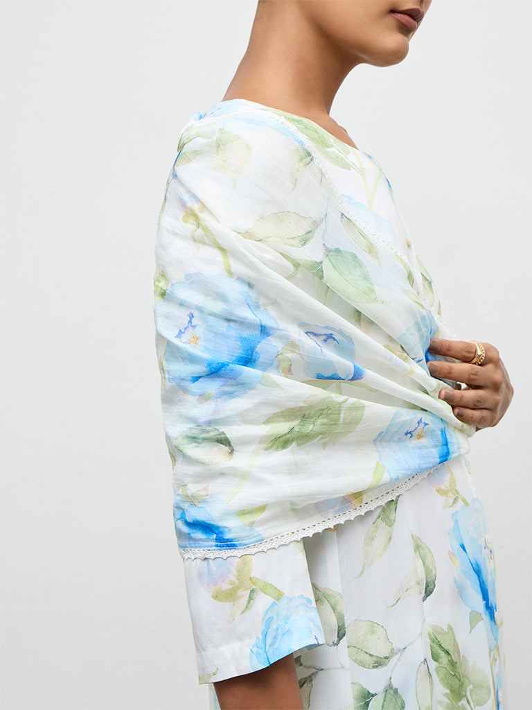 Zuba Blue Floral Printed Cotton Blend Dupatta