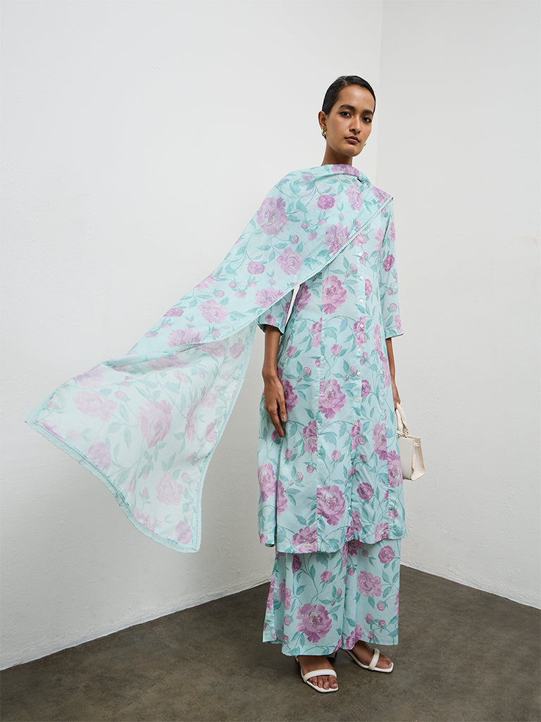 Zuba Green Floral Design Cotton-Blend Dupatta