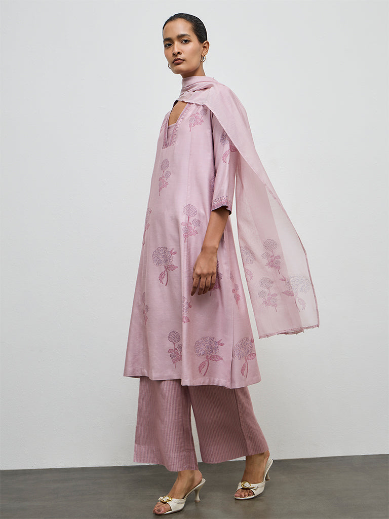Zuba Lilac Floral Printed Cotton-Blend Stole