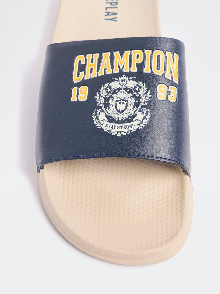 SOLEPLAY Navy Graphic Printed Pool Slides