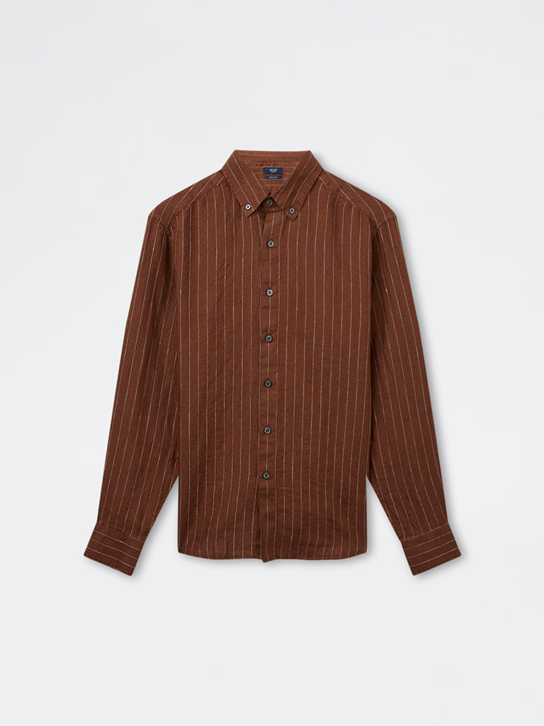 Ascot Brown Striped Relaxed-Fit Linen Shirt