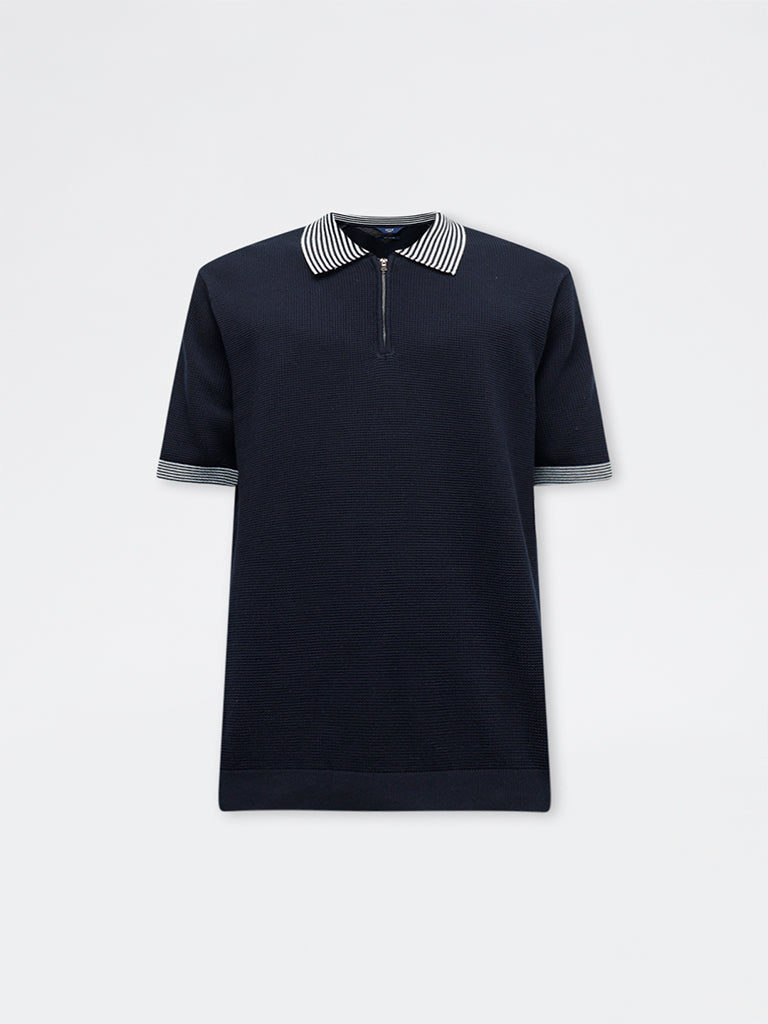 Ascot Navy Relaxed-Fit Cotton Quarter-Zip Polo T-Shirt