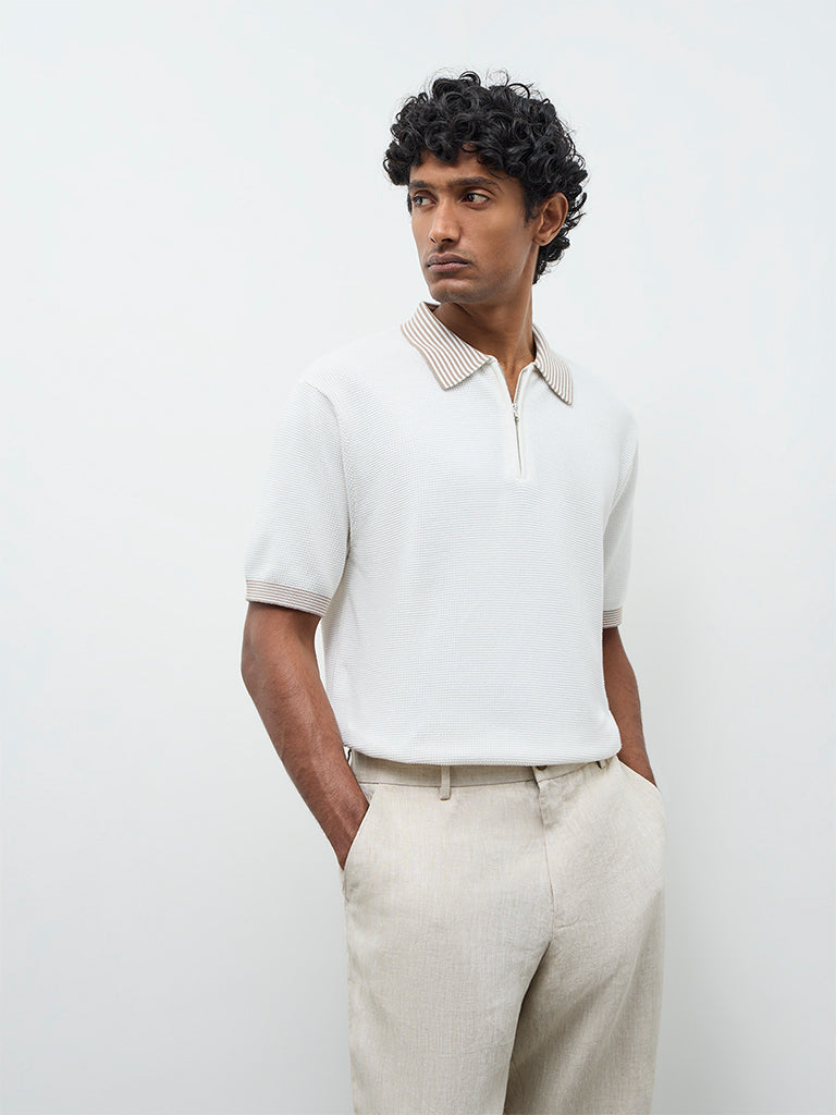 Buy Ascot Off-White Relaxed-Fit Cotton Quarter-Zip Polo T-Shirt
