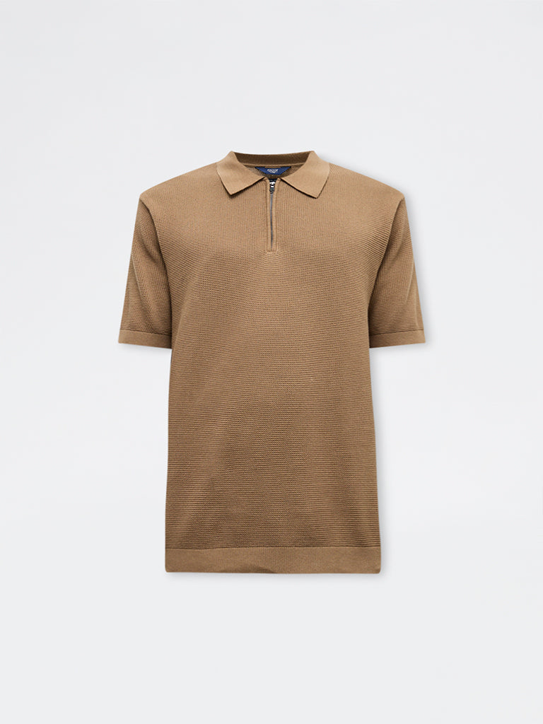 Ascot Tan Relaxed-Fit Cotton Quarter-Zip Polo T-Shirt