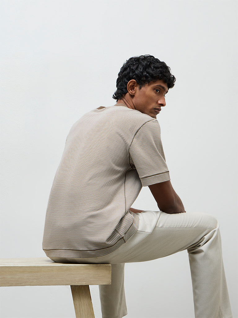Ascot Brown Striped Relaxed Fit Cotton T-Shirt